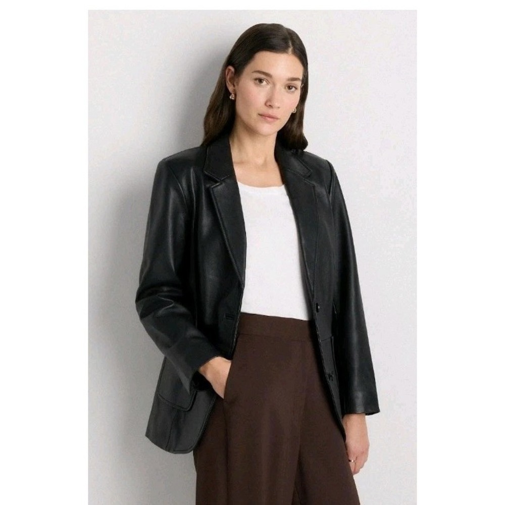 Quince Leather True Black‎ Blazer L Quiet Luxury Old Money Minimalist Jacket